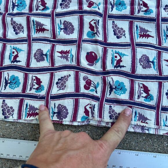 Vintage Cotton Flour Feed Sack cabins trees grapes cherries plums purple teal - Picture 2 of 5